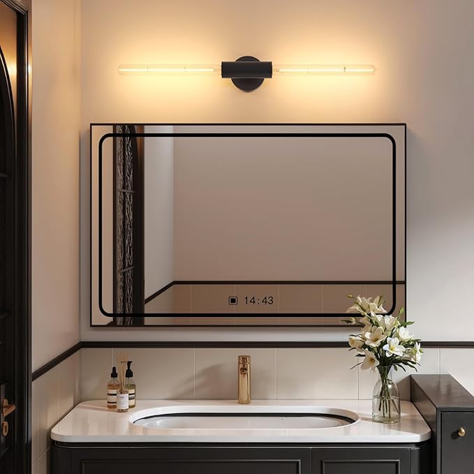 FLSNT Matte Black 2-Light Wall Sconce with Clear T30 Edison LED Bulbs, Dimmable E26 Standing Lamp, 2700K Soft White, 90 CRI, 350LM, Aluminum Alloy Wall Lamp for Living Room, Bedroom, Office