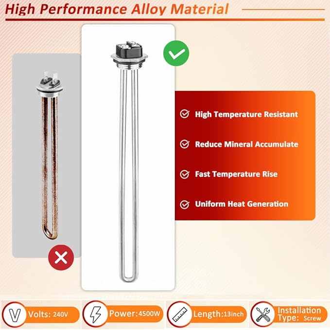 Mornajina 2 Packs 02582 Electric Water Heater Elements 4500W 240V, Hot Water Heater Replacement Parts Screw-in RV Hot Water Heater Fit Most Models, Straight Type