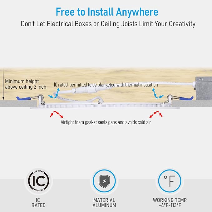 TORCHSTAR Basic Series 12-Pack 5CCT 8 Inch Ultra-Thin LED Recessed Lighting with J Box, CRI90, Aluminum, 2700K3000K3500K4000K5000K, 5%-100% Dimmable Slim Recessed Downlight, 18W 1450LM, ETL & ES