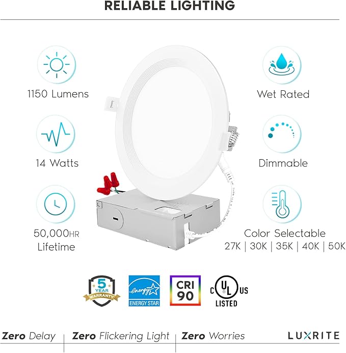 LUXRITE 6 Inch Ultra Thin LED Recessed Lighting, 14W, 5 Color Selectable 2700K | 3000K | 3500K | 4000K | 5000K, CRI 90, 1150 Lumens, Dimmable LED Wafer Lights, Wet Rated, UL Listed, Baffle Trim