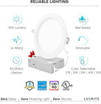 LUXRITE 6 Inch Ultra Thin LED Recessed Lighting, 14W, 5 Color Selectable 2700K | 3000K | 3500K | 4000K | 5000K, CRI 90, 1150 Lumens, Dimmable LED Wafer Lights, Wet Rated, UL Listed, Baffle Trim