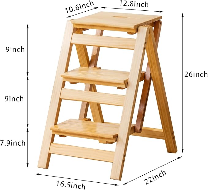 Latifolia Foldable 3 Step Ladder, Wooden Step Stool with Floor Saver, Decorative Ladder Shelf for Living Room, Kitchen, Garden(Nature)