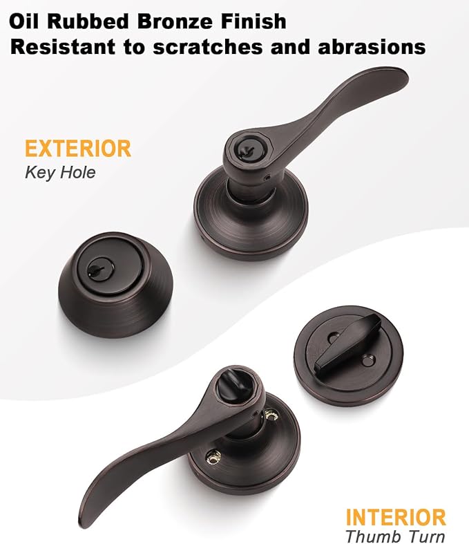 Gobrico 4 Sets Front Entry Door Levers and Single Cylinder Deadbolt Combination Locksets, Oil Rubbed Bronze Keyed Alike Exterior Door Handleset with Deadbolts in Wave Style