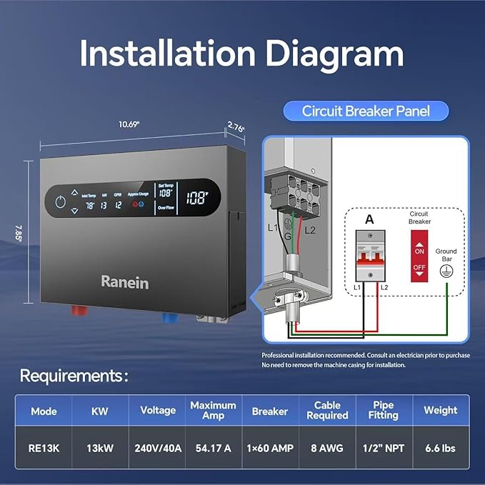 Ranein 13kW Tankless Electric Water Heater, 240V on Demand Instant Endless Water Heater with LED Temperature Display for Whole House Shower