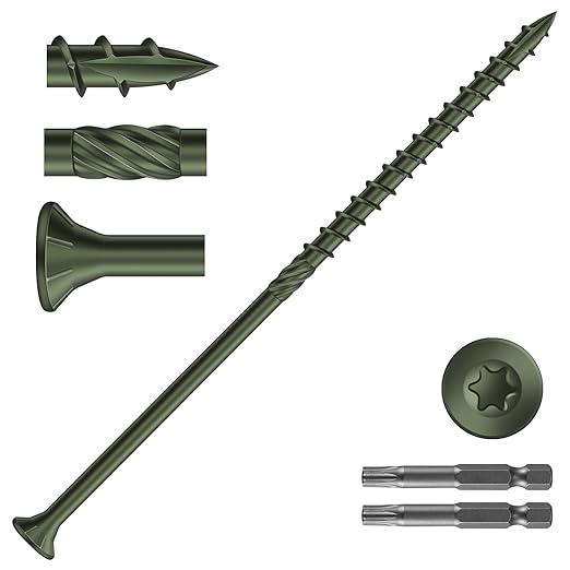#14 x 6 Inch Deck Screws (200Pcs) 8lb. Carbon Steel, Green, Flat Head, Rust Resistant epoxy Coated, with T30 Star Bit