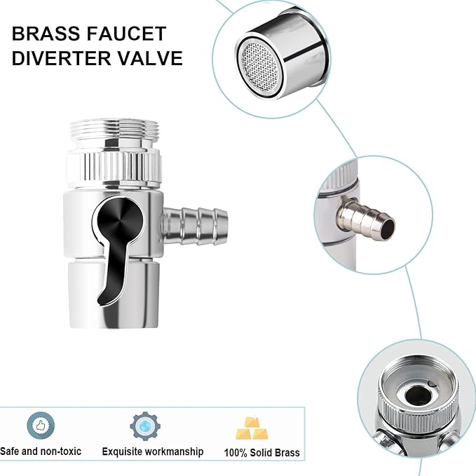 2 Pack Countertop Water Filter Diverter Valve with Barb Connector, Faucet Diverter Adapter for 6mm, 8mm, 9.5mm Tubing or Hose, Compatible with Standard Kitchen Faucets