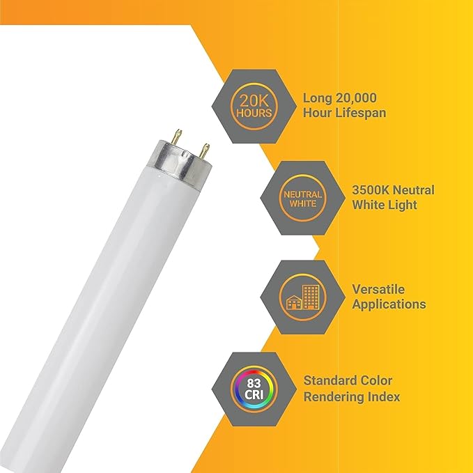 Diodesy- T8 Fluorescent Tube Light Bulb 36 Inch 25W 3500K Neutral White Medium 2-Pin G13 Base 2300 Lumens 3Ft Straight High Performance Replacement Linear Glass Lamp 20000 Hour Lifespan Pack of 10