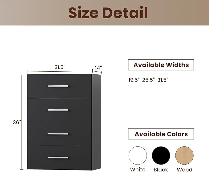 ROOMTEC 31.5" 4 Drawer Short Tower Closet Unit, Modular Closet System with Drawers and Shelf, Wardrobe Organizer for Bedroom or Walk-in Closet, Wall Mounted, Customizable Clothes Storage Unit, Black