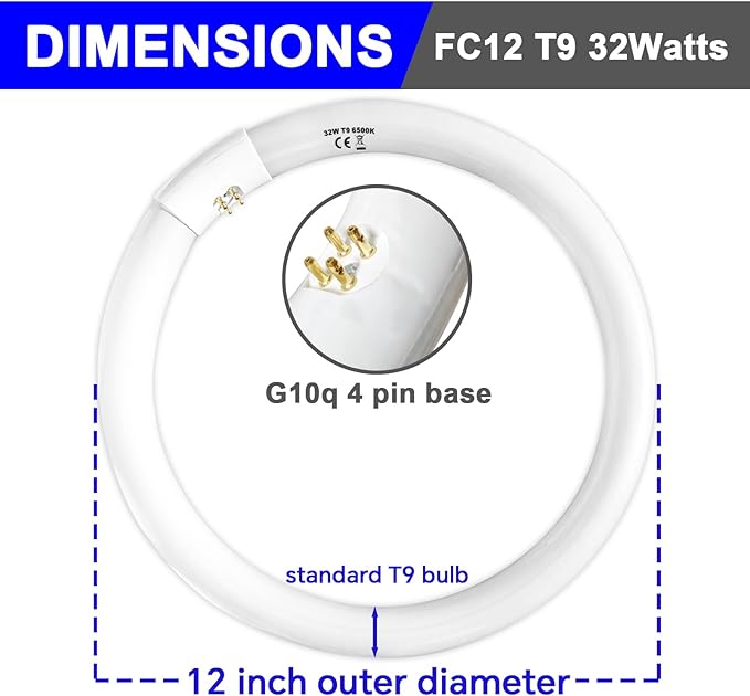 FC16T9 40 Watt and FC12T9 32W Set 6500K, 16 inch T9 40W Circline Light Bulbs, 12 inch 32W Circular Fluorescent Round Bulb CRI 80, DL 4700 Lumen G10q