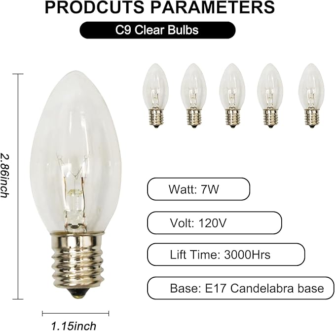 25 Pack C9 Clear Light Bulbs,Replacement Incandescent Bulbs for Christmas String Light,C9/E17 Candelabra Base 7 Watt Great for Outdoor Indoor Holiday Party
