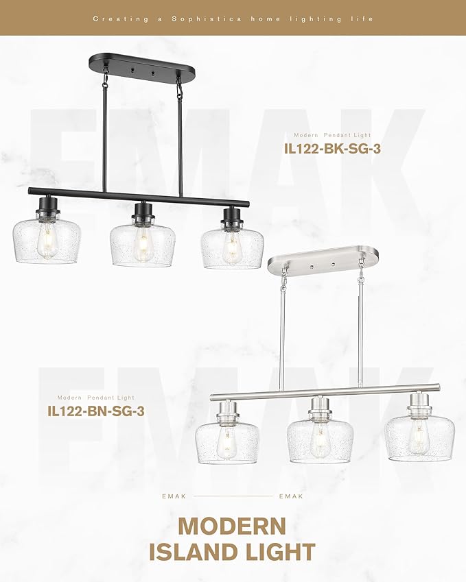 Emak 32 Inch Dining Room Light Fixtures Over Table, Brushed Nickel Kitchen Island Lighting with Seeded Glass Shade, 3-Light Linear Chandelier Light for Kitchen Island, Dining Room, Bar, IL122-BN-SG-3