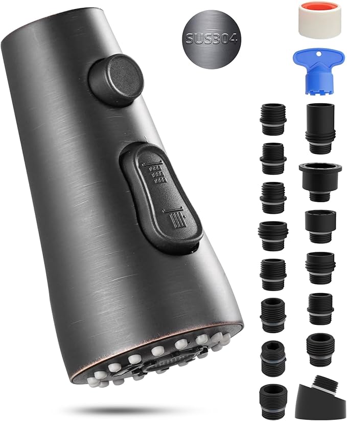 Hibbent Stainless Steel Pull Down Spray Head Replacement with 15 Adapters, NSF/ANSI/CAN 61 & CUPC Certified 3-Function Kitchen Faucet Nozzle Compatible with Moen, Delta, Kohler, Oil-Rubbed Bronze