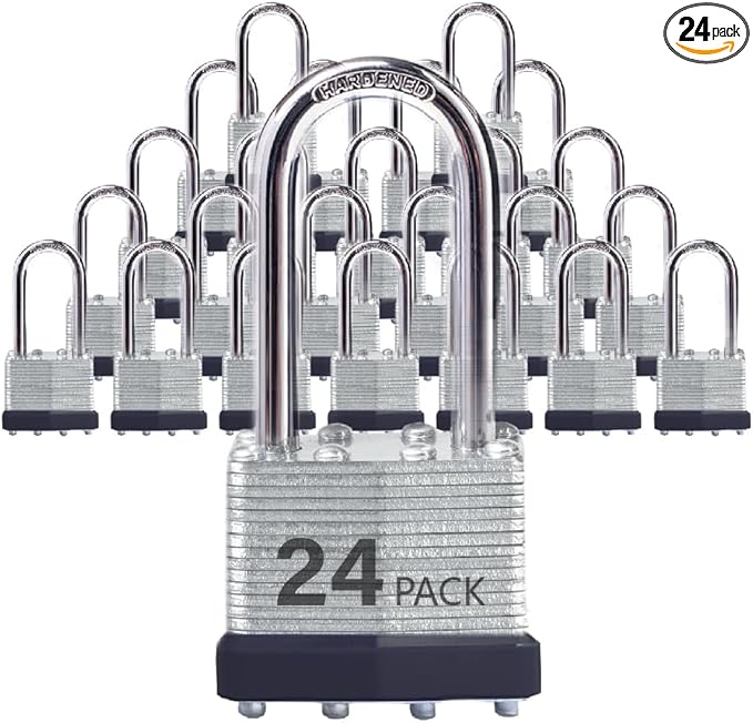 Keyed Alike Laminated Steel Padlocks with Long Shackle for Sheds, Fences & Lockers (24-Pack)