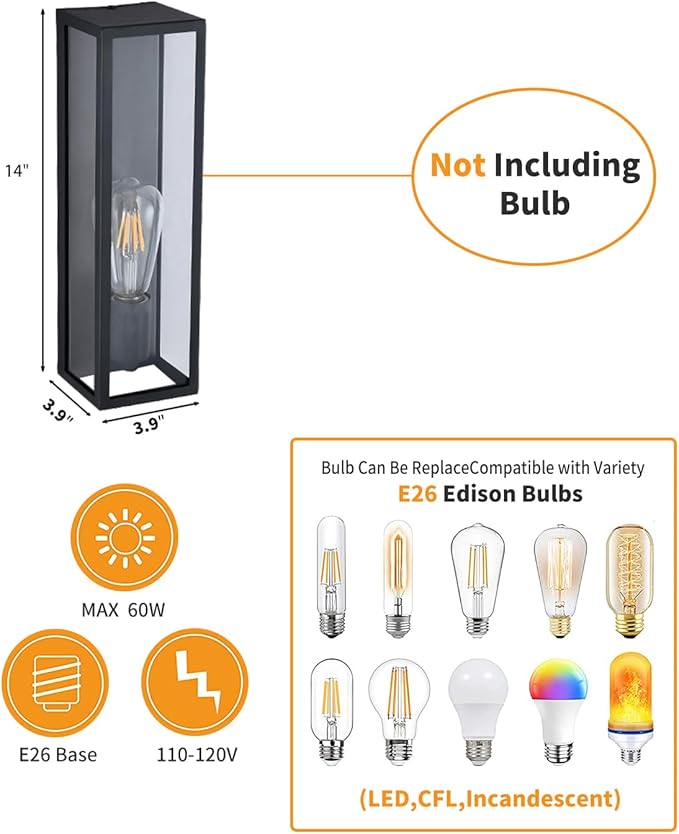 Outdoor Wall Sconces,Waterproof Porch Light Patio Light, Matte Black Wall Light with Clear Glass Shade for Garage, Patio, Doorway, Hallway