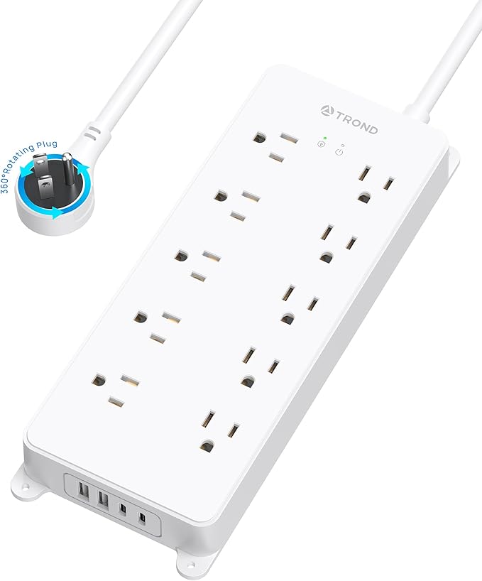 TROND 360° Rotating Plug Surge Protector Power Strip, 4000J, ETL Listed, 2 USB A and 2 USB C, 10 Widely Spaced Outlets, Flat Plug 5ft Extension Cord, Wall Mountable, for Home Office, White