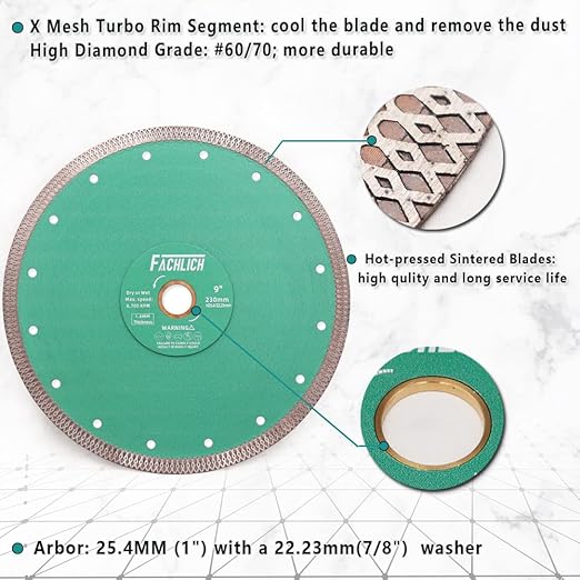 Diamond Porcelain Saw Blade,2pcs 9"/230MM Super Thin Dry Wet Cutting Disc with X Teeth Turbo Mesh Rim,for Ceramic Tile Porcelain Granite Marbles