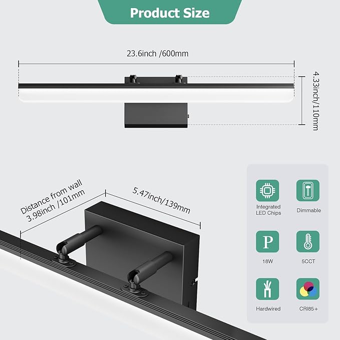 Black Vanity Light 24", 18W LED Bathroom Light Bar with 5CCT, Adjustable Angle & ETL Dimmable Driver – Modern Bathroom Vanity Light Fixture for Mirror, Powder Room, Bedroom, Apartment, Hotel