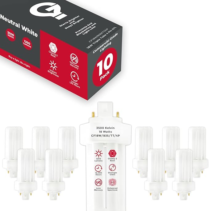 GoodBulb 18 Watt CFL Light Bulbs 4 Pin GX24Q-2 Base 3500K Neutral White 18W High Output 1200 Lumens Triple Tube Compact Fluorescent Light Bulbs Plug-in 10 Pack
