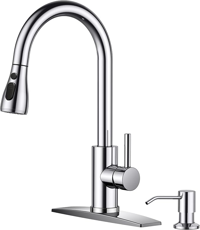FORIOUS Kitchen Faucet with Soap Dispenser Chrome, Single Handle Stainless Steel Transitional Sink Faucet with Pull Down Sprayer 1 or 3 Hole, Suitable for Farmhouse Laundry Camper RV Bar