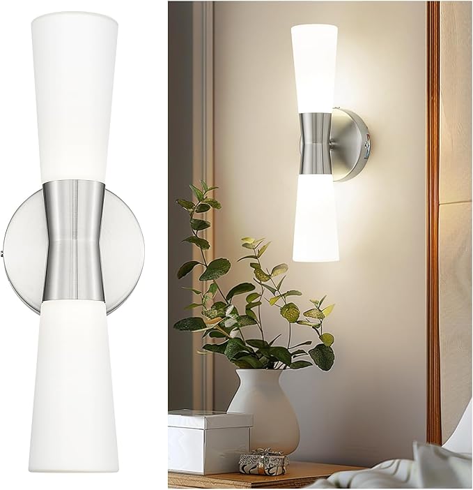 kudos Wall Sconces 16inches Brushed Nickel Vanity Light Fixtures, Modern Sconces Wall Lighting with Milk White Glass, Dimmerable 3000K/4000K/5000K for Bathroom Bedroom, KDVL13-BN