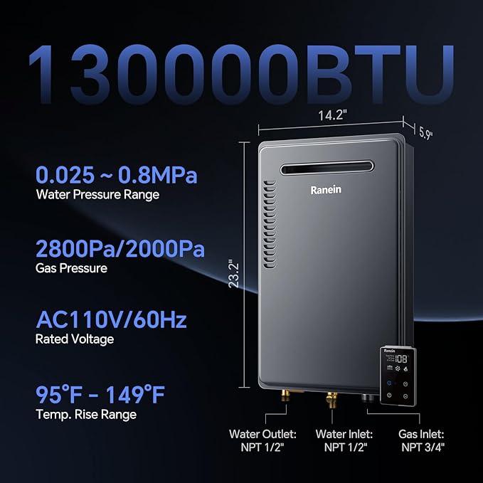 Ranein Natural Gas Tankless Water Heater, Outdoor Max 5.3 GPM, 130,000 BTU Instant Hot Water Heater
