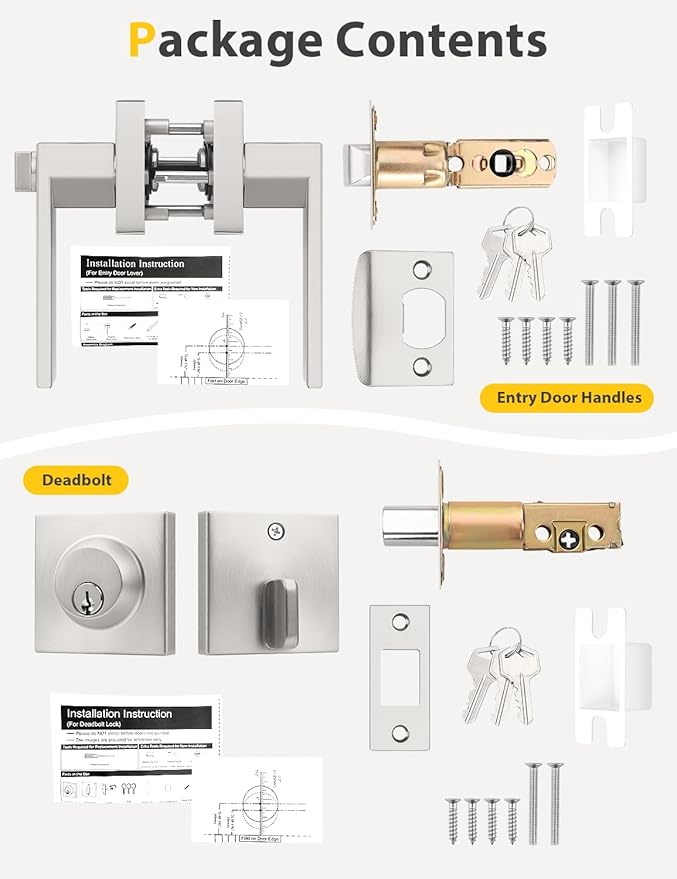 5 Pack Brushed Nickel Keyed Alike Front/Exterior Door Levers with Single Cylinder Deadbolt, Square Entry Door Knob Lock Sets with Deadbolt Combination Sets, for Entrance/Front and Office Doors