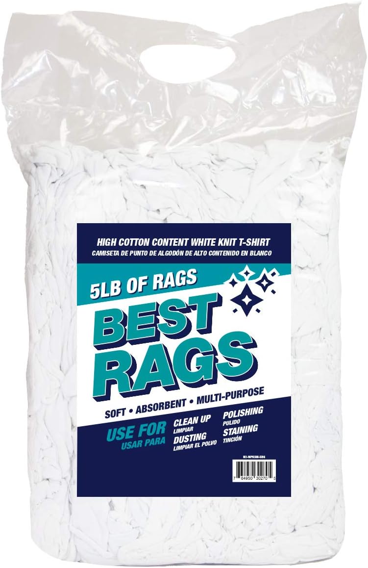 Arkwright Tshirt Bag of Rags - 5 lb Bag - Low Lint, Streak-Free Multipurpose Professional Cotton Cleaning Cloths for Stain, Paint, Wood, and Grease, White
