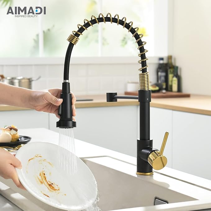 AIMADI Matte Black Kitchen Faucet,Black and Gold Kitchen Faucet with Pull Down Sprayer Commercial Single Handle Spring Sink Faucets Suitable for Farmhouses,Camper Laundry Rv Bar