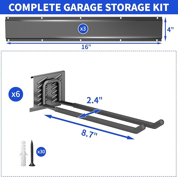 Garage Tool Organizer Wall Mount, 48inch Heavy Duty Garden Tool organizer Storage System, Easy Install With 6 Adjustable Straight Hooks, For Garage, Basement, Shed, Workshop(Black)