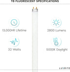 LUXRITE 30-Pack F32T8/850 32W 48 Inch T8 Fluorescent Tube Light Bulb, 5000K Bright White, 2800 Lumens, G13 Medium Bi-Pin Base, LR20734