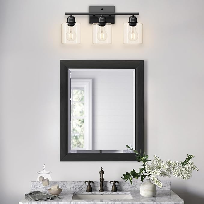 Modern 3 Light Bathroom Light Fixtures, 19 inch Black Vanity Lights for Bathroom with Clear Glass for Mirror Kitchen Living Room Hallway Cabinet Porch
