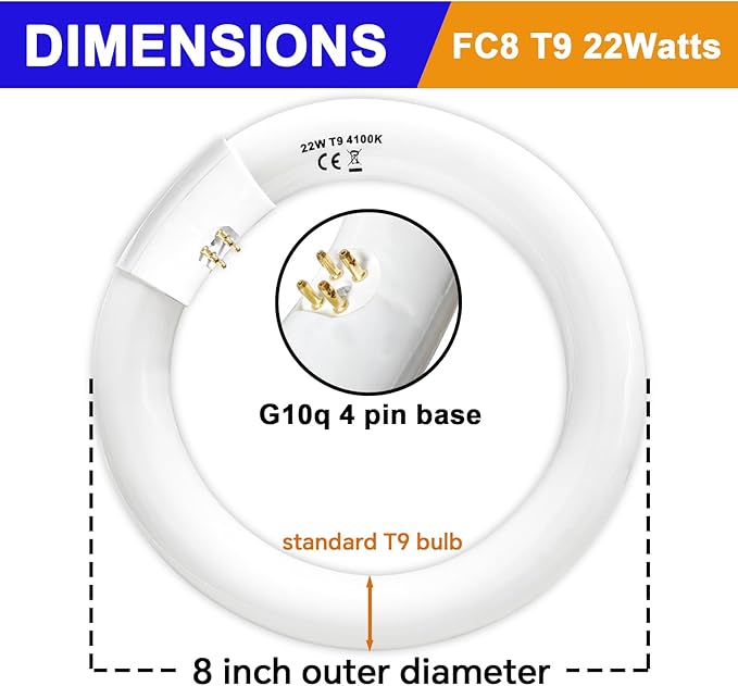 FC8T9/CW 22W and FC12T9/CW 32W Cool White Set, 8 inch T9 22 Watts Circular Light Bulbs, 12 inch 32 Watts Circline Fluorescent Bulb Round Ring Bulb CRI 80, G10q Prong
