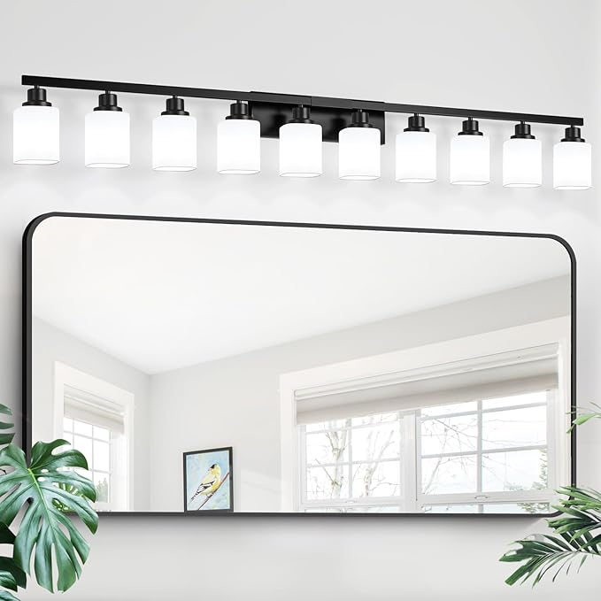 10-Light Bathroom Vanity Light,Modern Matte Black Bathroom Light Fixtures with Square Frosted Glass,64.5in Wall Sconces Over Mirror Restroom,Living Room Hallway E26
