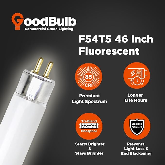 GoodBulb F54T5/830/ECO 54W 46 Inch T5 Fluorescent Light Bulb, 3000K Warm White Medium Bi-Pin Base, 4950 Lumens 85 CRI 36000 Life Hours, Instant/Programmed Start (40 Pack)