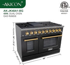 Akicon 48 Inch Freestanding Gas Range - 6.7 cu. ft. Double Rapid Convection Gas Oven - Gas Stove with 8 Sealed Burners & a Griddle, Heavy Duty Cast Iron Grates (Black & Gold)