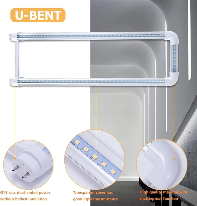 10-Pack T8 U Bend LED Tube Light 2FT 24W (60W Equivalent) U Shaped Bulb 6000K Daylight White 2640lm for Fluorescent Replacement, Dual-End Powered