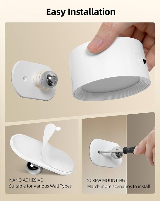 LED Wall Mounted Lights, Rechargeable Wall Sconces with Remote & Touch Control, 3 Color Temperatures 360° Rotation Dimmable Cordless Wall Light for Bedroom Study Reading Bedside (White, 3 Pack)