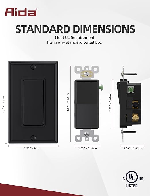 AIDA 4 Way Switch Decorative Light Switch, 15Amp, 120/277 Volt, AC Decorator Rocker Switch, Wall Plate Included, Self-Grounding, Residential and Commercial Grade, UL Listed (10 Pack, Glossy Black)