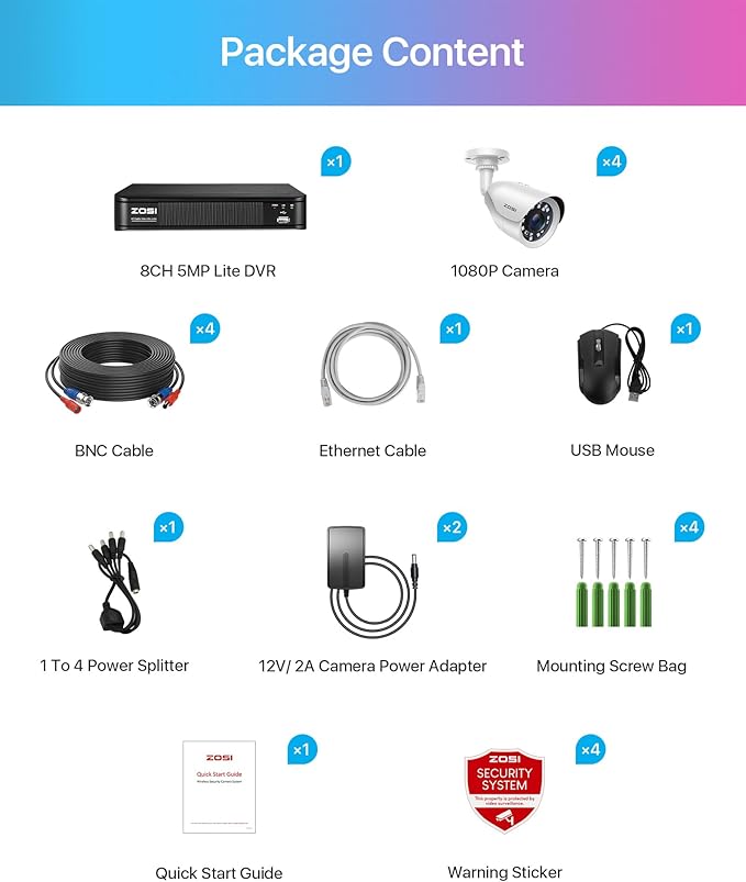 ZOSI H.265+ Full 1080p Home Security Camera System Outdoor Indoor, 5MP-Lite CCTV DVR 8 Channel and 4 x 1080p (2MP) Day Night Vision Weatherproof Surveillance Bullet Camera, Motion Alerts (No HDD)