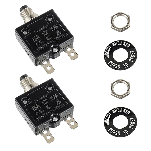 HUWREW 15 Amp Push Button Circuit Breaker 125-250V AC 50V DC L1 Series Manual Reset Thermal Circuit Breaker 15A Thermal Overload Protector (Pack of 2)