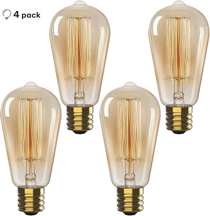Hudson Vintage Incandescent Edison Decorative Light Bulbs 4-Pack - 60W, 2100K Dimmable, E26/E27 ST64 Warm Antique Squirrel Filament Amber for Indoor Outdoor - Lightbulb - Outdoor Light