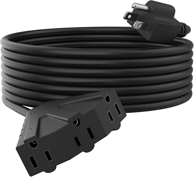 PLUGTUL 25FT Outdoor Extension Cord with Multiple Outlets, 14 Gauge, 3-Outlet, SJTW, 15A 14AWG 1875W SJTW, ETL Listed - Great for Garage, Garden and Home, Black