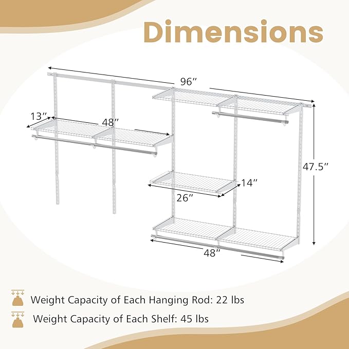 Giantex Closet Organizer System, 4-8 FT Wall-Mounted Closet Shelves and Rod, Adjustable Closet Organization w/ Hanging Rod, DIY Expandable Modular Metal Wire Shelving for Laundry Bedroom (White)