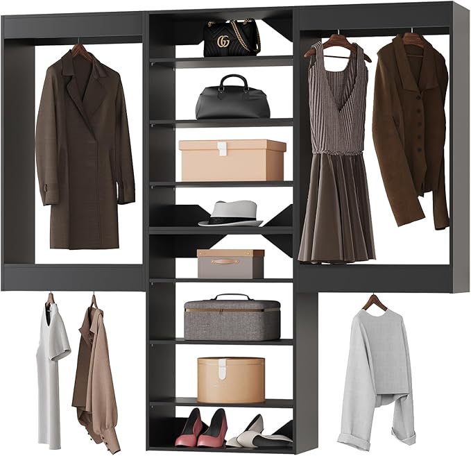 Modular Closet System, 72" Wide Closet Organizer System with Hanging and Towers, Wood Tower Closet Storage for Walk In Closets, Wall Mounted Wardrobe Organizer Kit System, Bedroom, Black