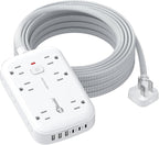 2100J Surge Protector Flat Plug Extension Cord 20 FT with 12 AC Outlets 6 USB Ports 5V/4.8A 24W, 20Ft Long Braided Thin Cord Wall Mount Long Charging Station for Travel Home Office College Dorm