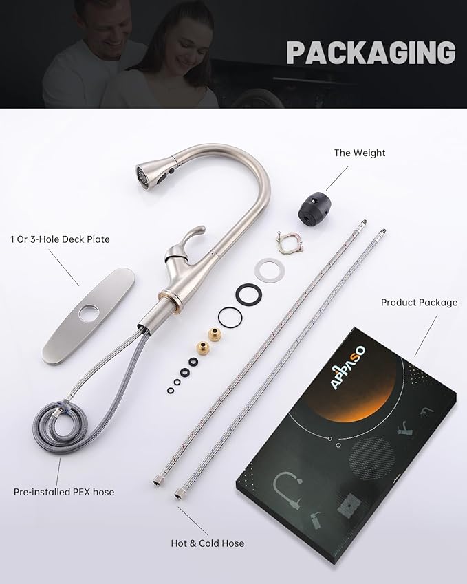 APPASO Pull Down Kitchen Faucet with Sprayer Stainless Steel Brushed Nickel - Single Handle Commercial High Arc Pull Out Spray Head Kitchen Sink Faucets with Deck Plate, Llave para Fregadero de Cocina