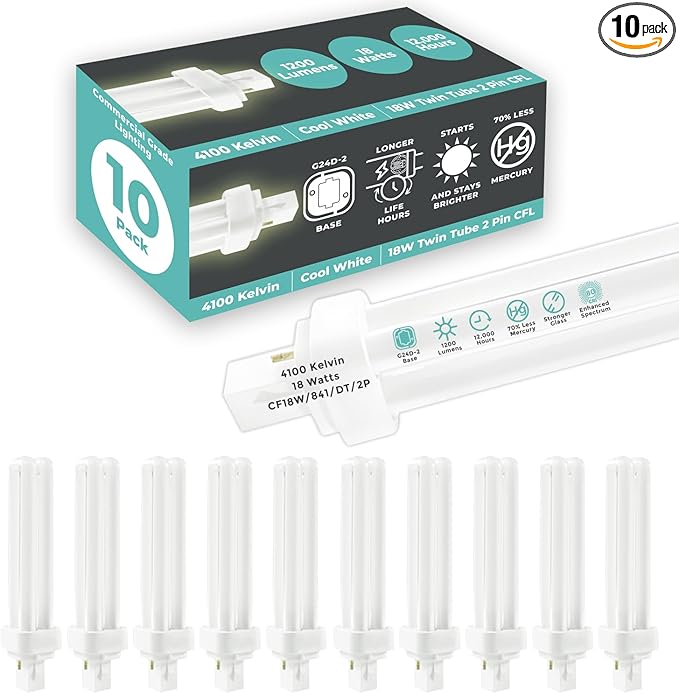 GoodBulb 18 Watt CFL Light Bulbs 2 Pin G24D-2 Base 4100K Cool White 18W High Output 1200 Lumens Double Tube Compact Fluorescent Light Bulbs Plug-in 10 Pack