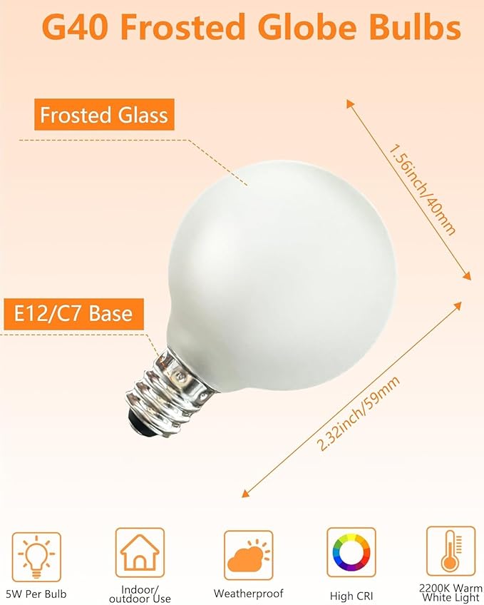 SUNSGNE G40 Globe Replacement Bulbs with Frosted White, 1.5 Inch -5 Watt -Screw Base -Fits E12 and C7 Sockets, 25 Pack