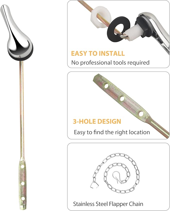 Toilet Handle Replacement Kit, Toilet Flush Handle with Stainless Steel Flapper Chains, Universal Toilet Lever for Most Front Mount Toilets, Chrome Finish Toilet Flush Lever