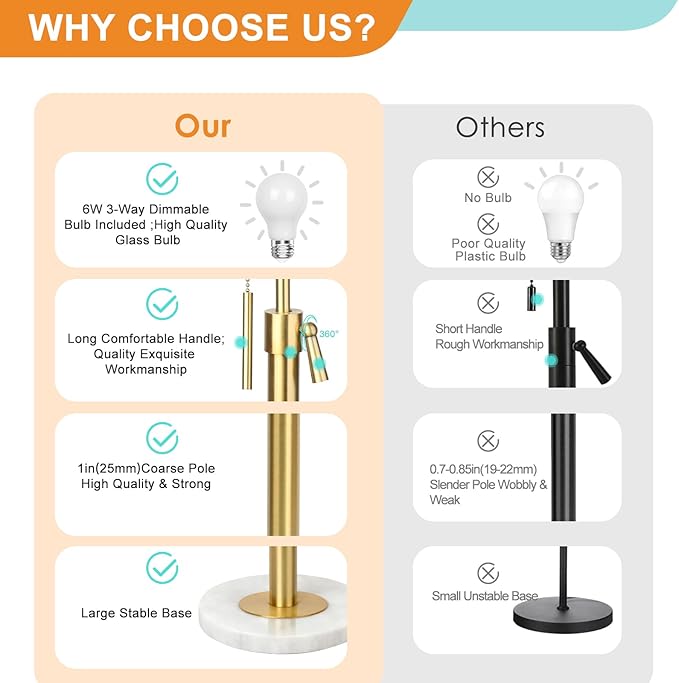 【Upgrade】 Gold Floor Lamps for Living Room, 55"-67" Height Adjustable Modern Standing Lamp with Marble Base, Pull Chain Switch, 3-Way Dimmable Tall Pole Lamp for Bedroom Office Reading, Bulb Included